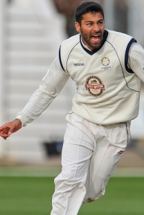 Hamza Riazuddin celebrates the wicket of Will Bragg. He finished with figures of 18-3-61-5