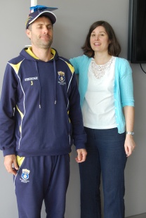 Simon Katich gets measured up by Wessex Heartbeat's Dawn Morrison